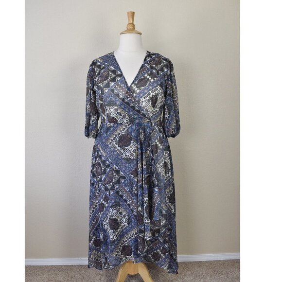 Calvin Klein Faux Wrap Chiffon Printed High Low Dress 16 NEW - Picture 1 of 9
